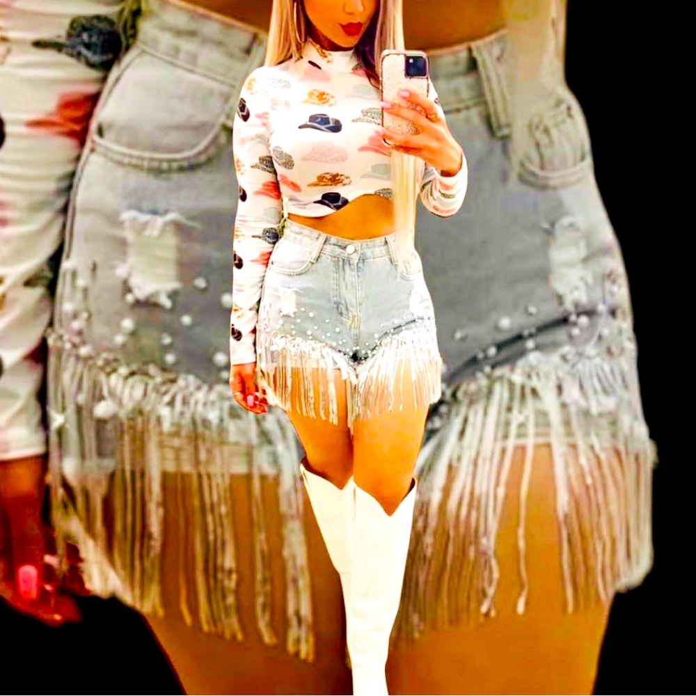 Women's Distressed High Waist Fringe Shorts With Rhinestones and Pearls